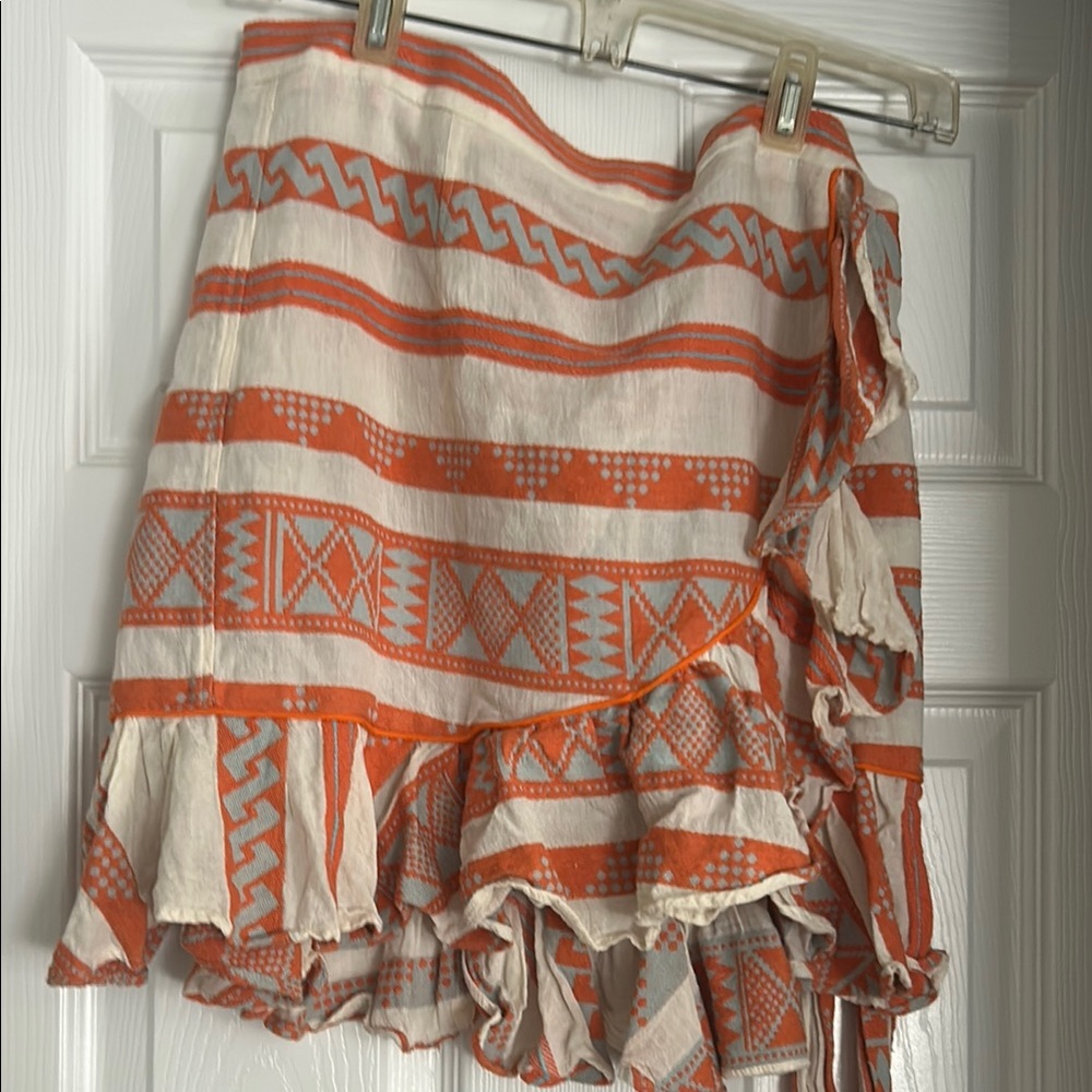 Anthropologie Orange and Cream Ruffled Wrap Mini Skirt